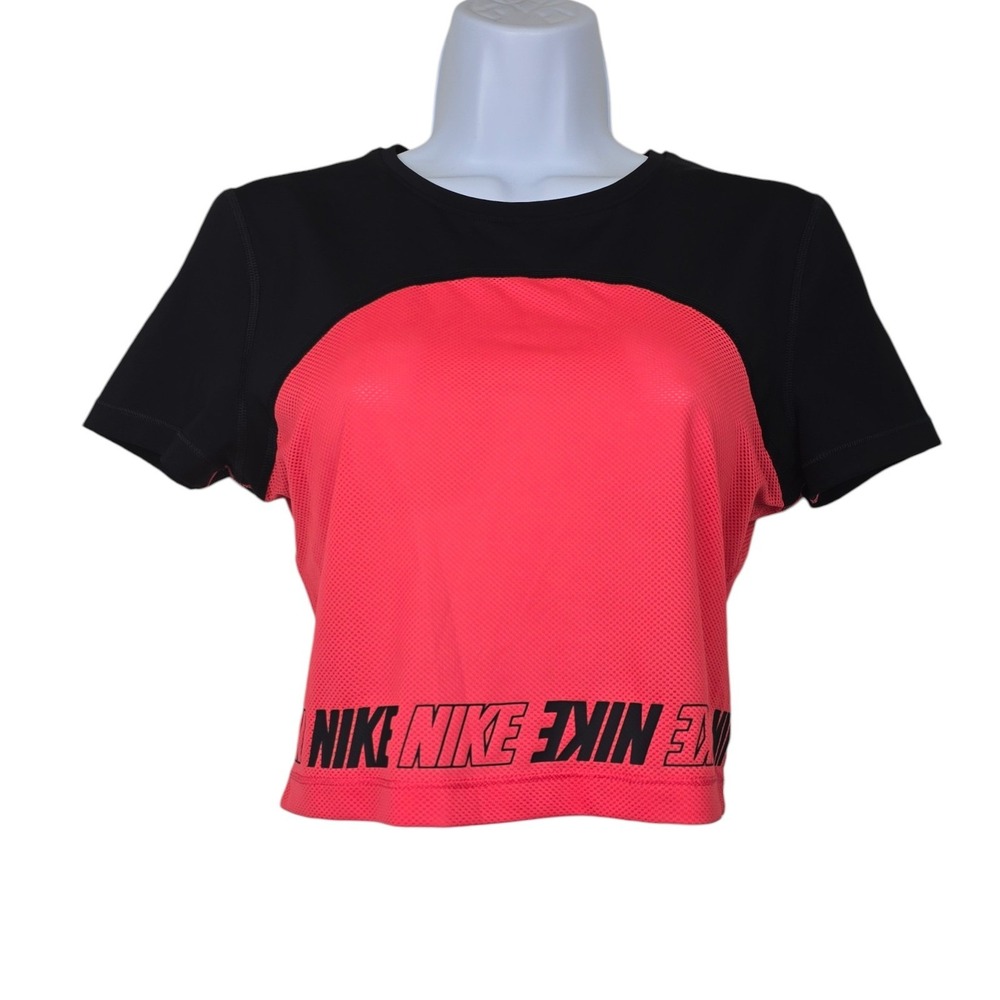 Nike Womens Coral Red Pink Dri-Fit Short Sleeve Colorblock Mesh Top Size S